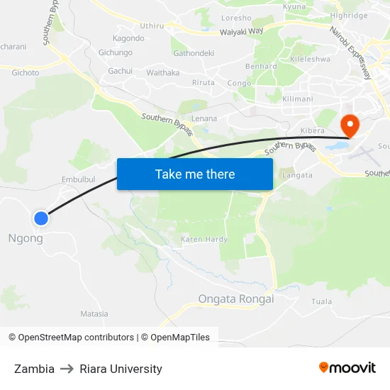 Zambia to Riara University map