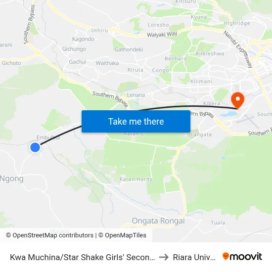 Kwa Muchina/Star Shake Girls' Secondary School to Riara University map