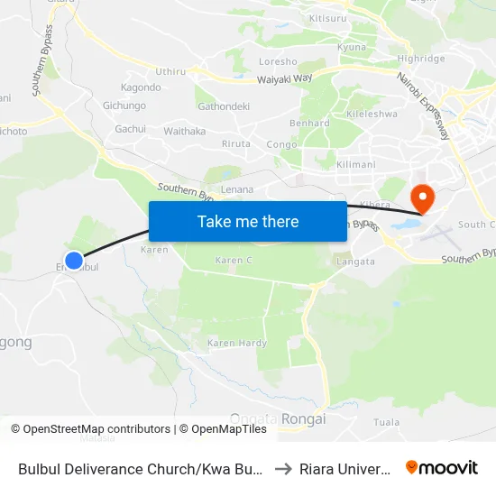 Bulbul Deliverance Church/Kwa Bumps to Riara University map