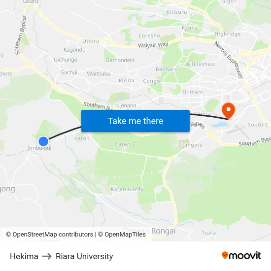 Hekima to Riara University map