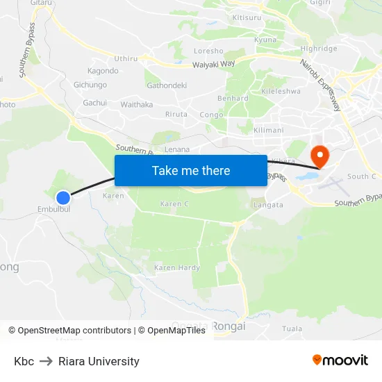 Kbc to Riara University map