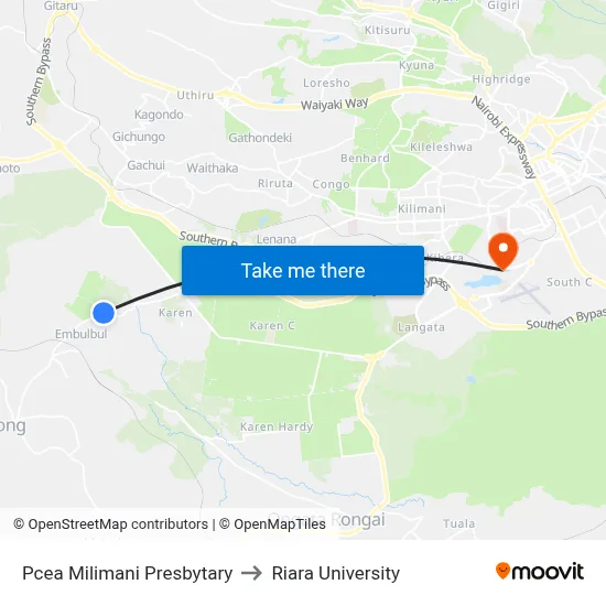Pcea Milimani Presbytary to Riara University map