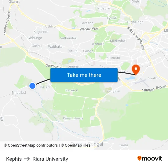 Kephis to Riara University map