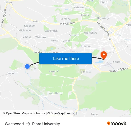 Westwood to Riara University map