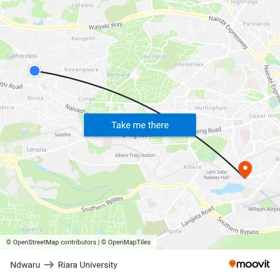 Ndwaru to Riara University map