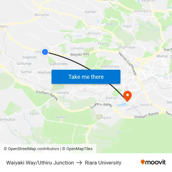 Waiyaki Way/Uthiru Junction to Riara University map