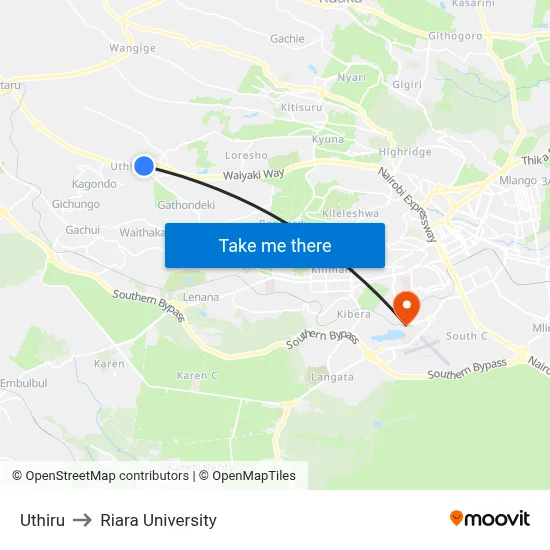 Uthiru to Riara University map