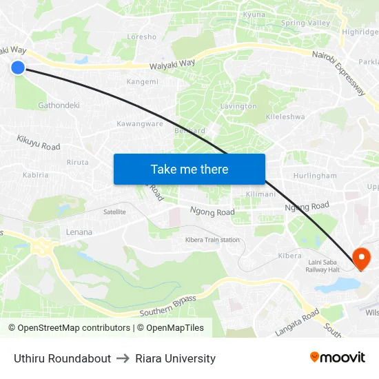 Uthiru Roundabout to Riara University map