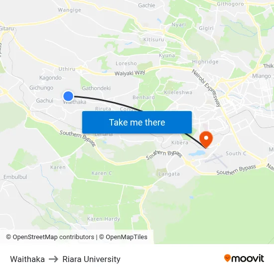 Waithaka to Riara University map