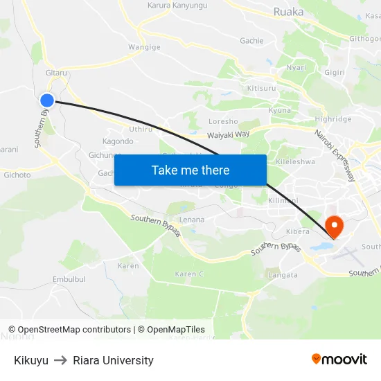 Kikuyu to Riara University map