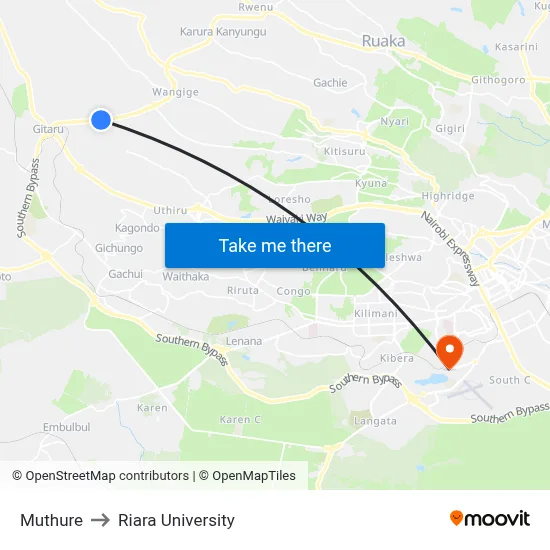 Muthure to Riara University map