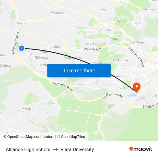 Alliance High School to Riara University map