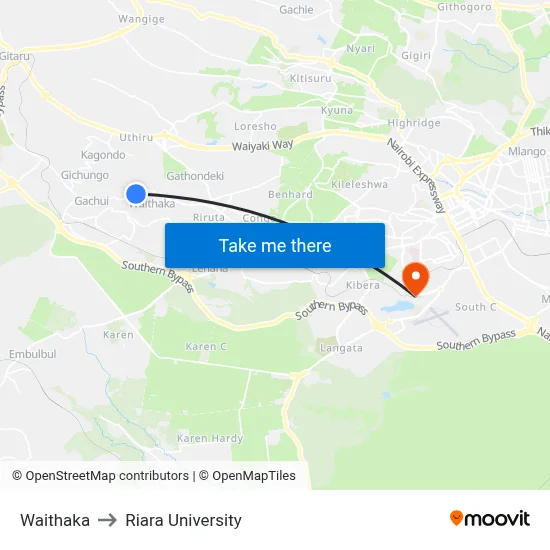 Waithaka to Riara University map