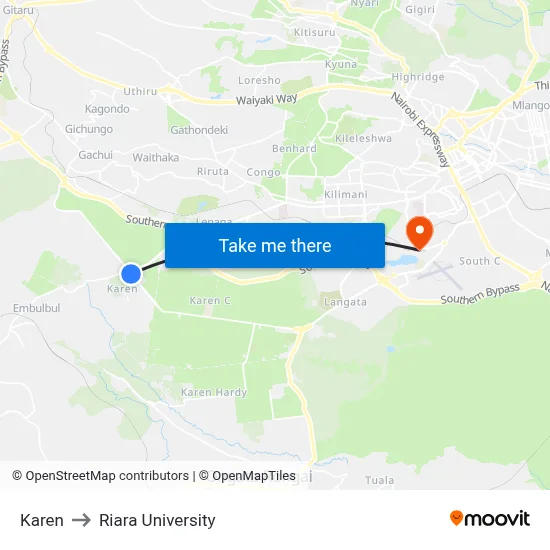 Karen to Riara University map
