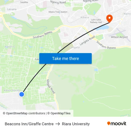 Beacons Inn/Giraffe Centre to Riara University map