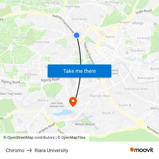 Chiromo to Riara University map