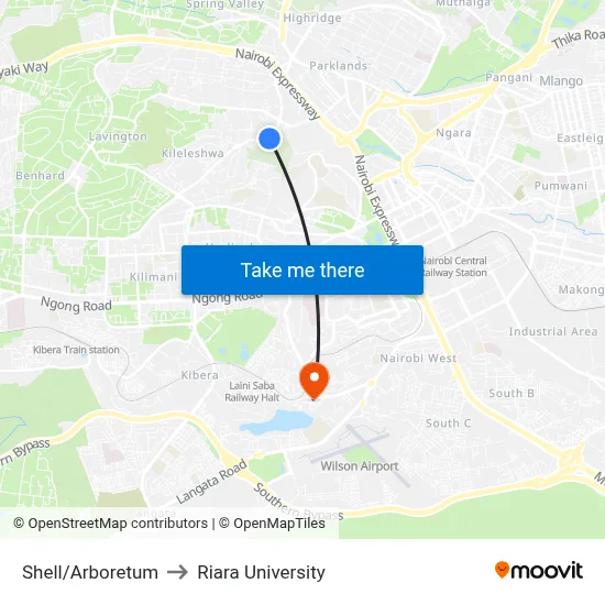 Shell/Arboretum to Riara University map