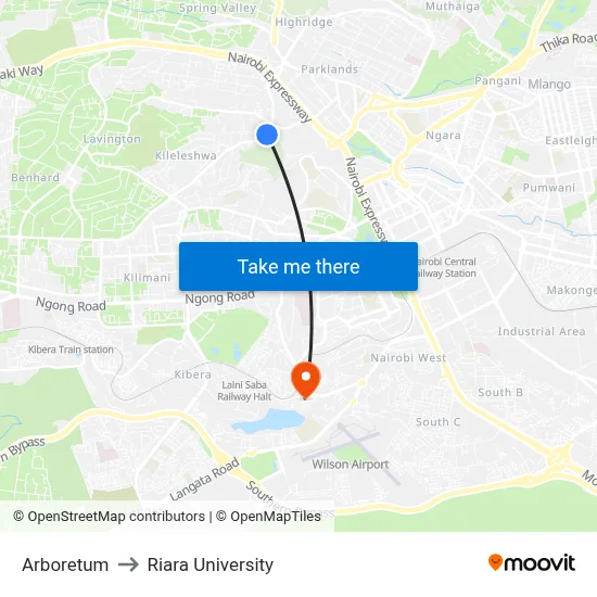 Arboretum to Riara University map