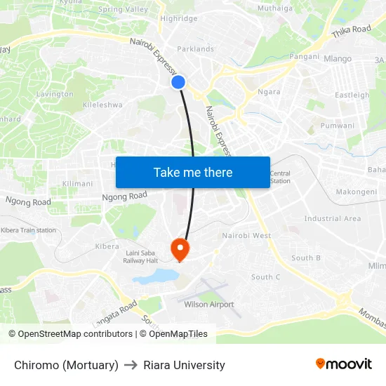 Chiromo (Mortuary) to Riara University map