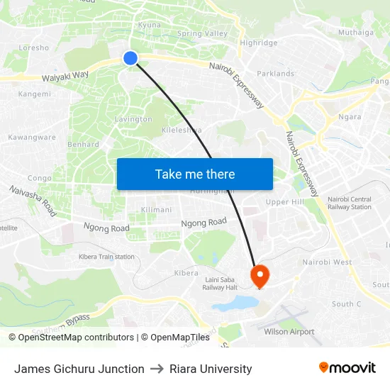 James Gichuru Junction to Riara University map