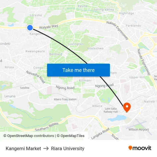 Kangemi Market to Riara University map
