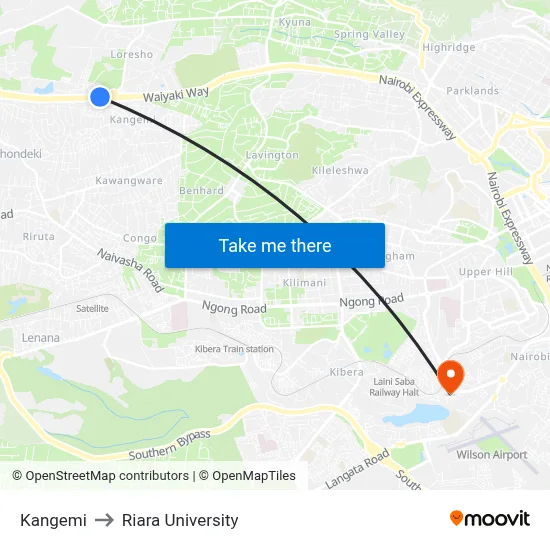 Kangemi to Riara University map