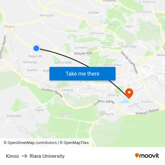 Kinoo to Riara University map