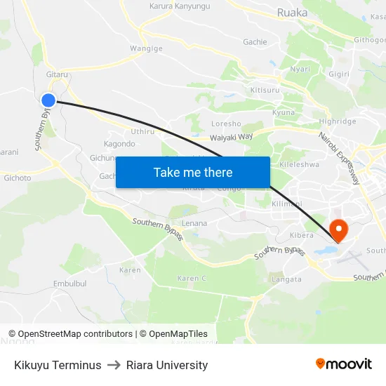 Kikuyu Terminus to Riara University map