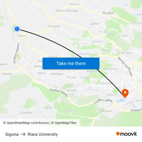 Sigona to Riara University map