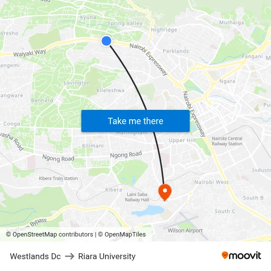 Westlands Dc to Riara University map