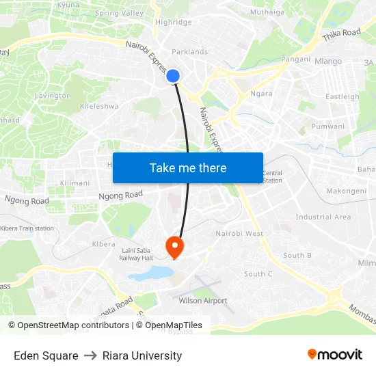 Eden Square to Riara University map