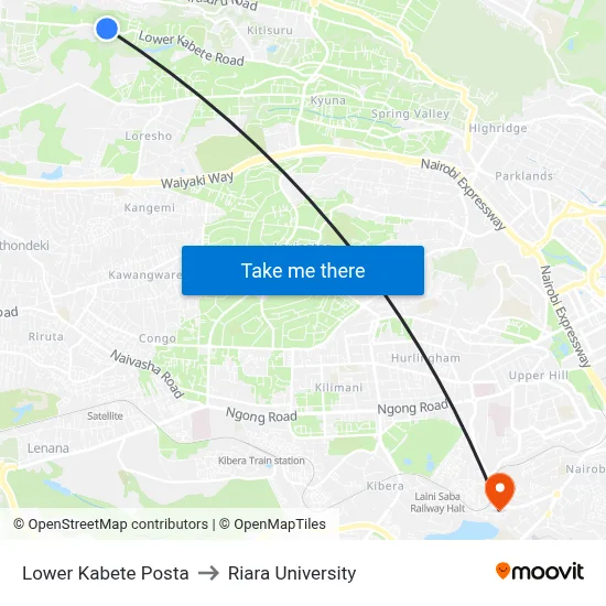 Lower Kabete Posta to Riara University map