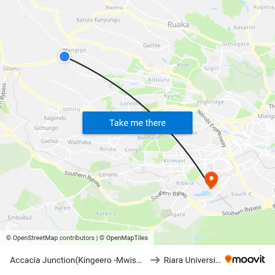 Accacia Junction(Kingeero -Mwisho) to Riara University map