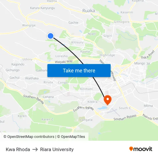 Kwa Rhoda to Riara University map