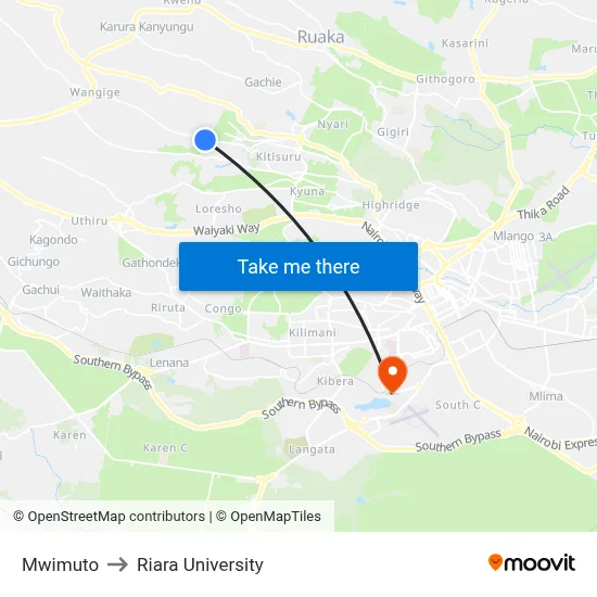 Mwimuto to Riara University map
