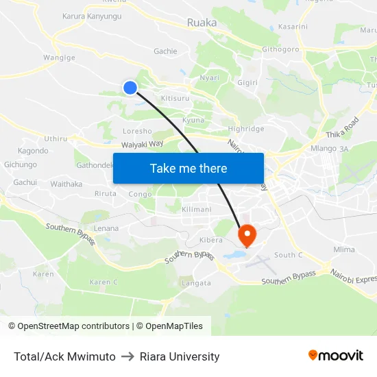 Total/Ack Mwimuto to Riara University map