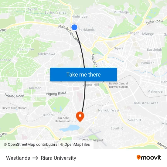 Westlands to Riara University map