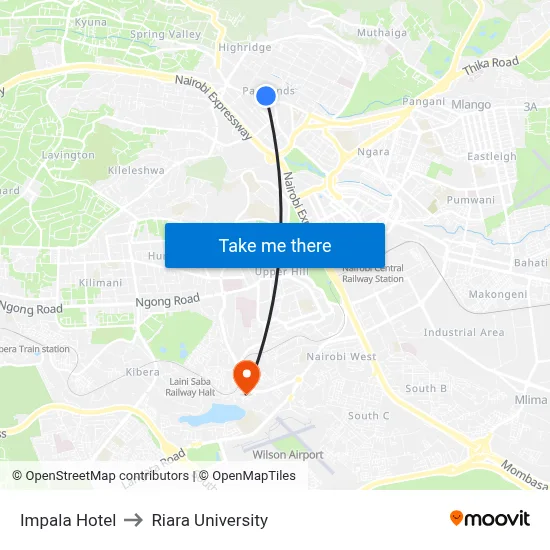 Impala Hotel to Riara University map