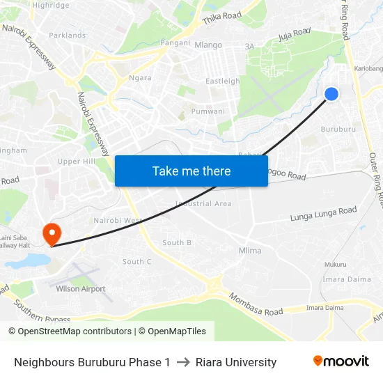 Neighbours Buruburu Phase 1 to Riara University map
