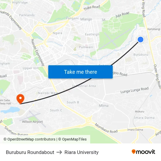 Buruburu Roundabout to Riara University map