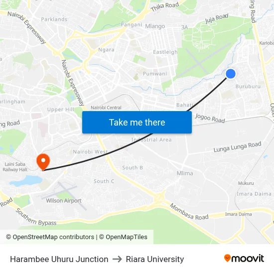 Harambee Uhuru Junction to Riara University map