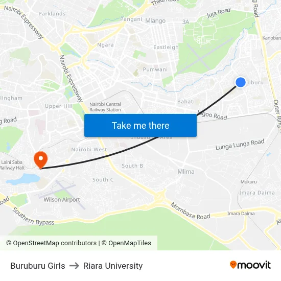 Buruburu Girls to Riara University map