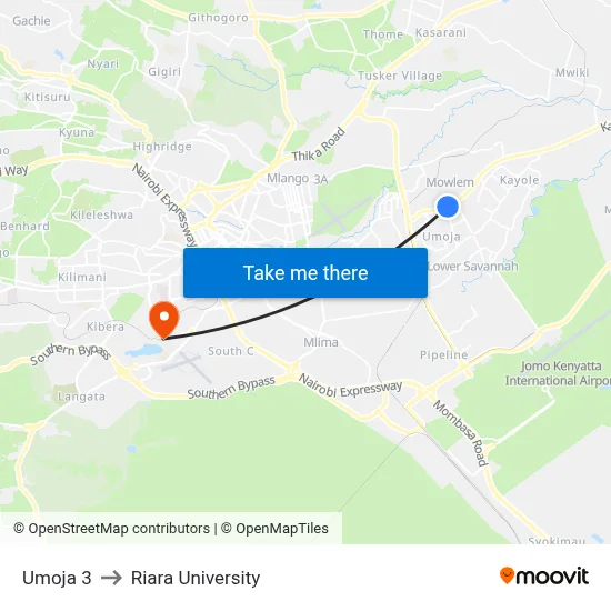Umoja 3 to Riara University map