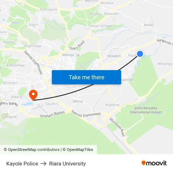 Kayole Police to Riara University map