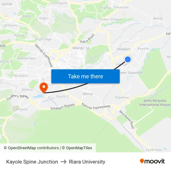 Kayole Spine Junction to Riara University map