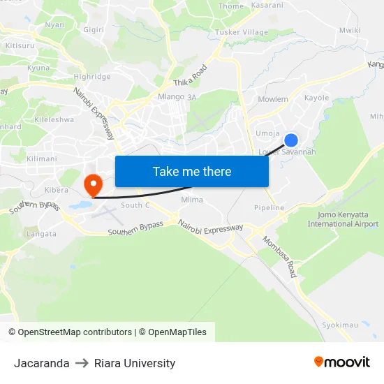 Jacaranda to Riara University map
