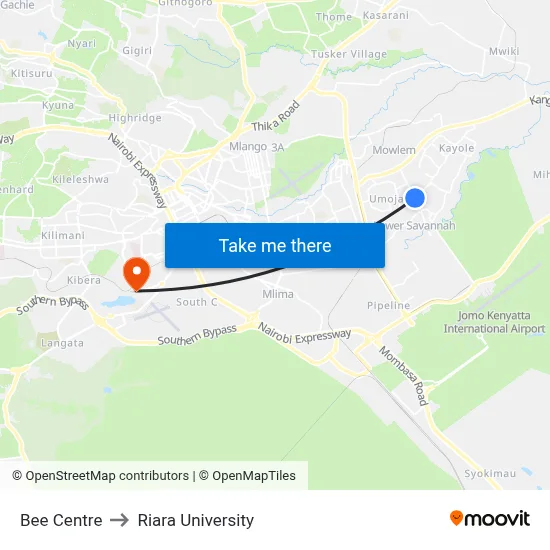 Bee Centre to Riara University map