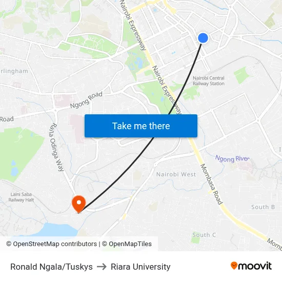 Ronald Ngala/Tuskys to Riara University map