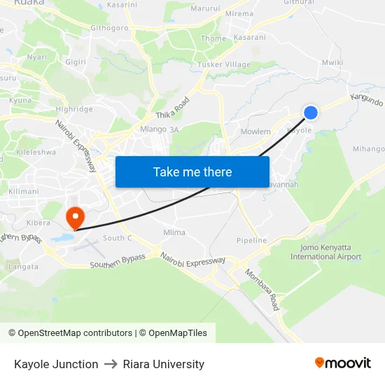 Kayole Junction to Riara University map