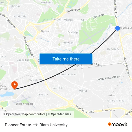 Pioneer Estate to Riara University map